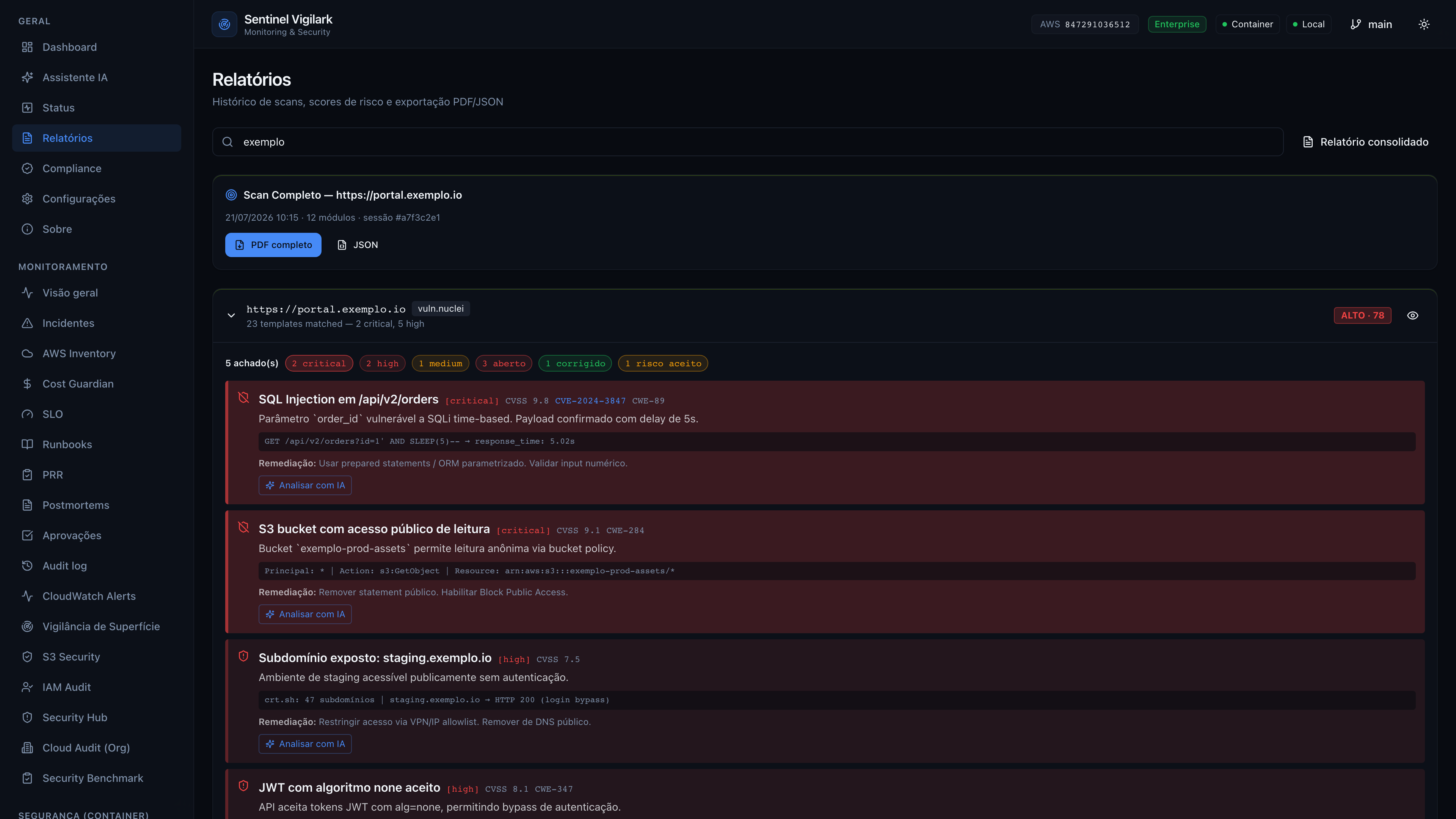 Sentinel Vigilark — Relatórios com parecer IA