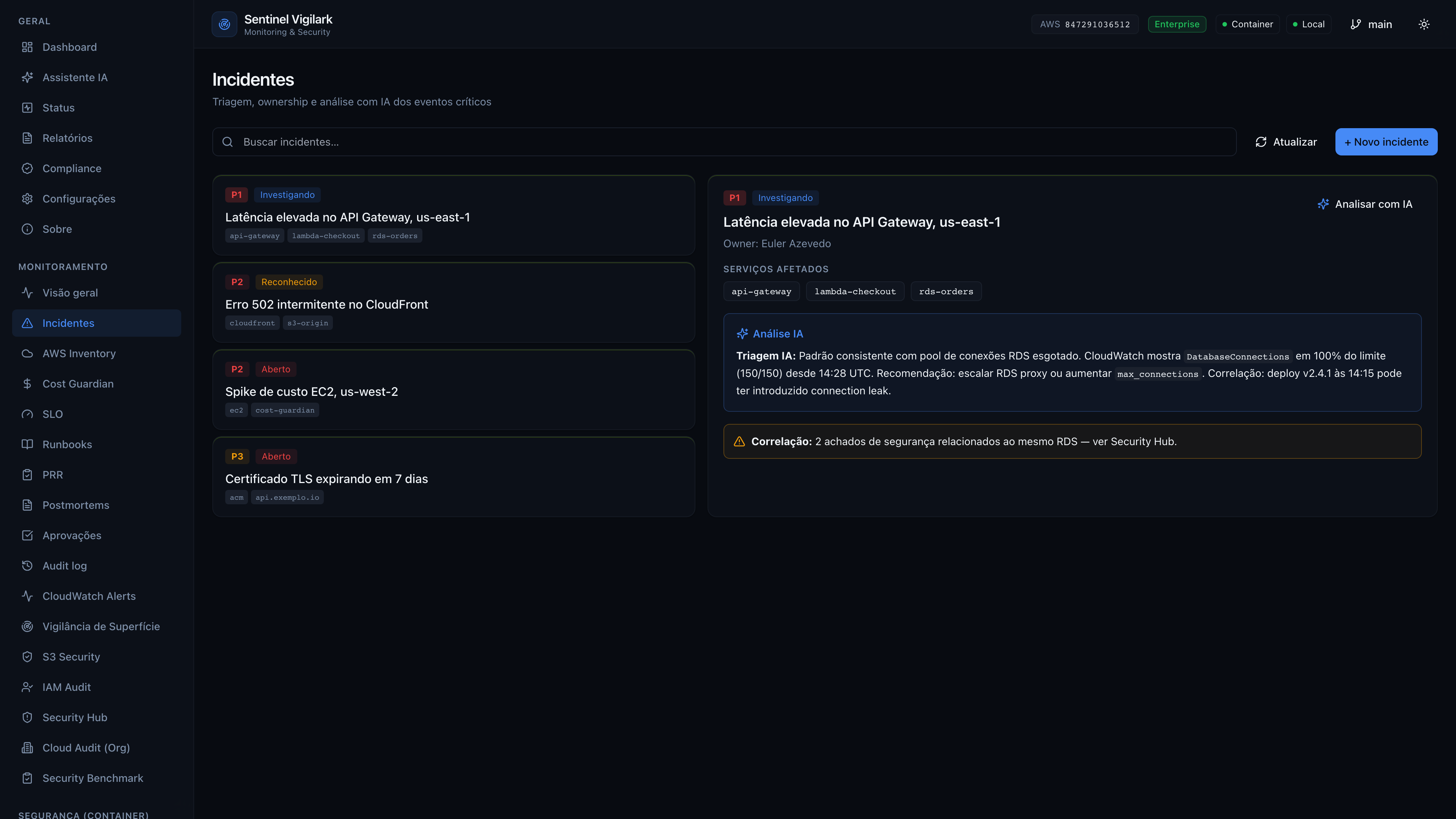 Sentinel Vigilark — Incidentes com triagem IA